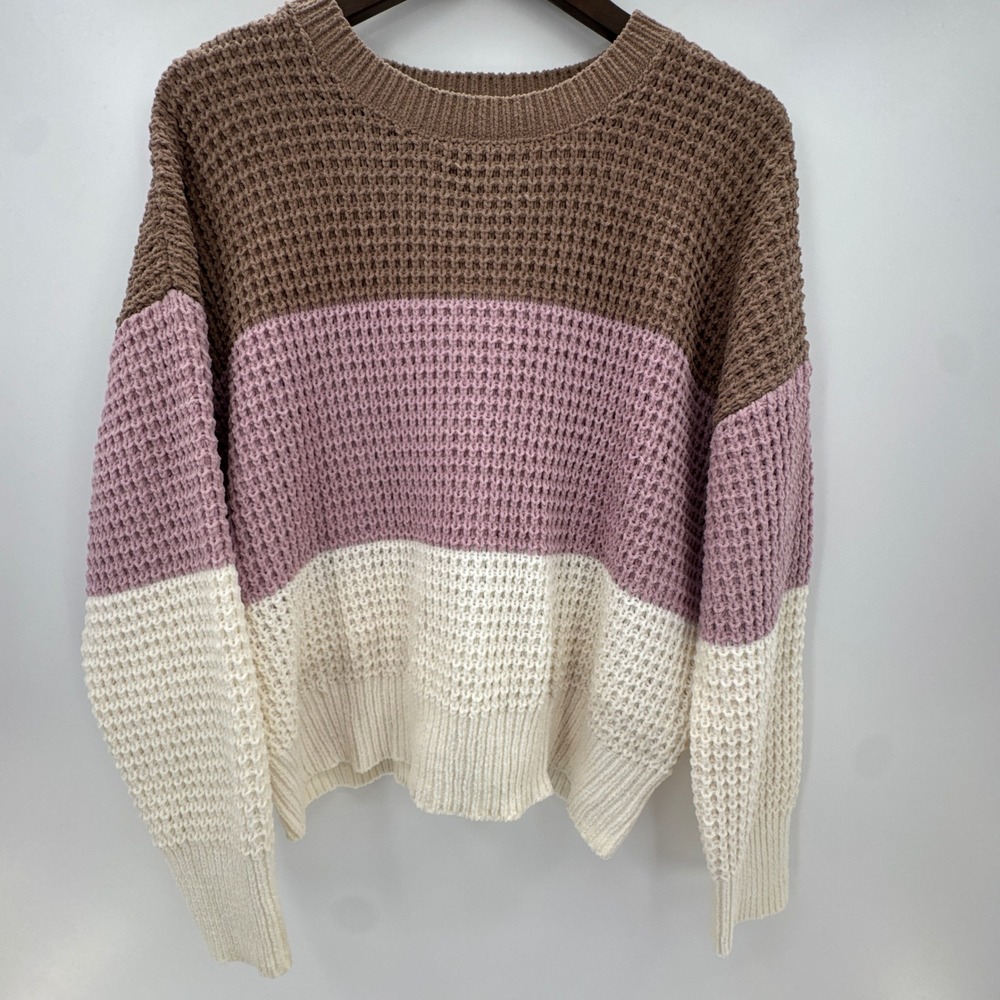 Steve Madden Waffle Knit Sweater XL Mauve Combo Chenille Colorblock Crew Neck
